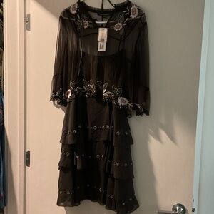 French Connection Black Dress with Floral Embroidery
